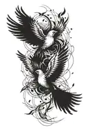 two abstract birds flying upwards circling each other, one bird is light and one is dark tattoo design idea