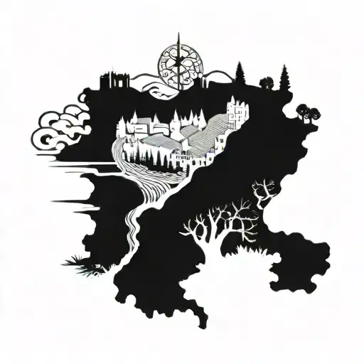 A fusion of Ardèche scenery and family emblem, with a subtle Christ symbol integrated into the design, representing heritage and spirituality tattoo design idea