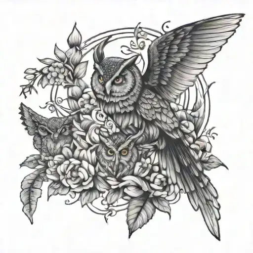 owl, deer, elephant and humming bird  tattoo design idea