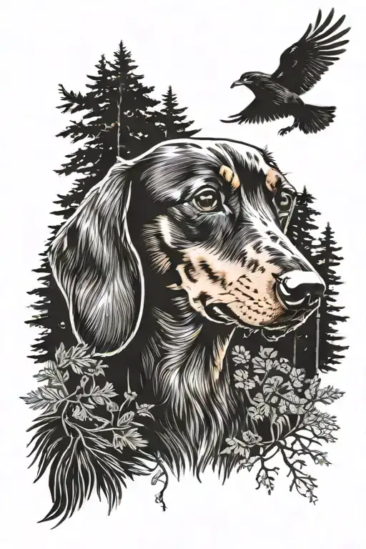 A dachshund dog in the middle both eyes are blind white color only, and in the background there are crows pine trees and tattoo design idea