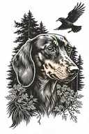 A dachshund dog in the middle both eyes are blind white color only, and in the background there are crows pine trees and tattoo design idea
