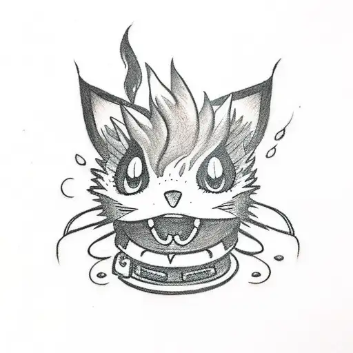 Design a traditional tattoo featuring Calcifer from Howl's Moving Castle with Jiji from Kiki's Delivery Service tattoo design idea