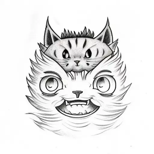 Design a traditional tattoo featuring Calcifer from Howl's Moving Castle surrounded by cats tattoo design idea