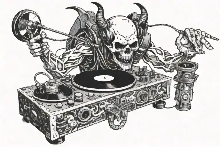 A demon DJ spinning vinyl records on a turntable with a skull microphone in hand tattoo design idea