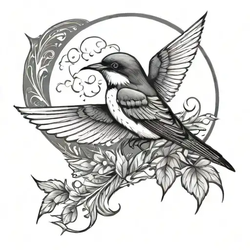swallow bird leafs moon fantasy whimsicall tattoo design idea