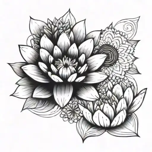 A black and gray design featuring a water lily, chrysanthemum, and aster arranged in a geometric pattern, symbolizing the balance and harmony of motherhood tattoo design idea