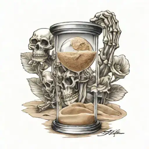 skeleton hand holding hour glass with sand tattoo design idea