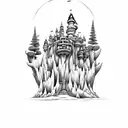 castillos de fantasia en una isla flotante  tattoo design idea