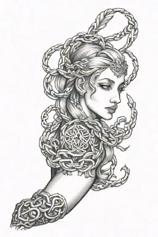 a chain wrapped around the arm with the Aphrodite symbol and a symbol of Insanity  tattoo design idea