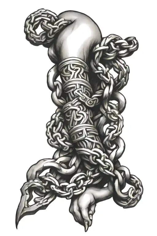 a chain wrapped around the arm with the lust symbol and a symbol of Insanity  tattoo design idea