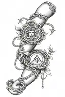 a chain wrapped around the arm with the Aphrodite symbol and a symbol of Insanity  tattoo design idea
