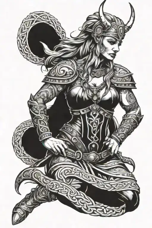 sexy female Viking woman full body tattoo design idea