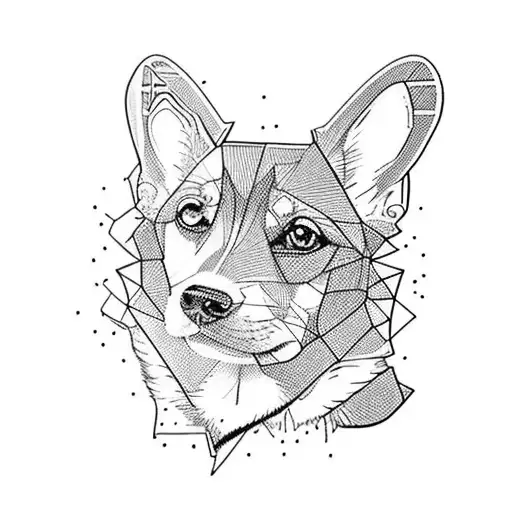 kopf eines corgi mit geometrischen formen von der Brust bis zum unterarm tattoo design idea