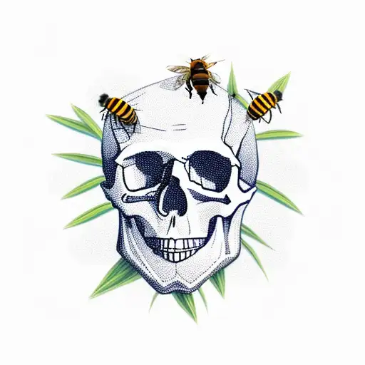 skull in the grass with a honeycomb in the eyes with a bee coming out tattoo design idea