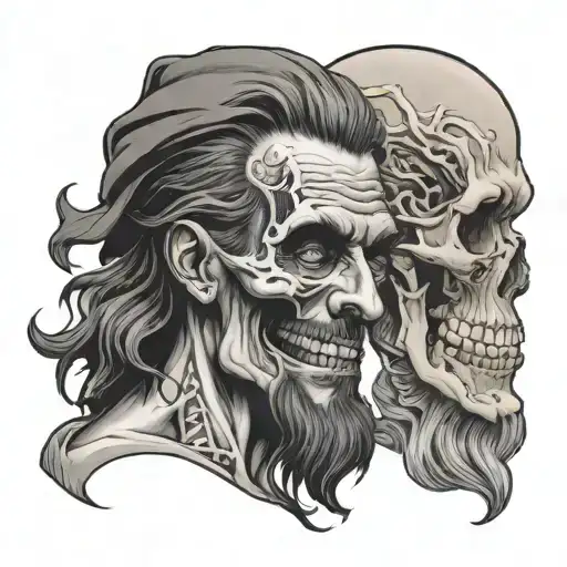 half bearded man stoic thinking and other half skull crazy laughing with skeleton hand on face distortion blend  tattoo design idea