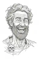 bearded man stoic thinking with skull crazy laughing hand on face distortion blend  tattoo design idea