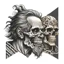 half bearded man stoic thinking and other half skull crazy laughing with skeleton hand on face distortion blend  tattoo design idea
