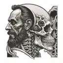 half bearded man stoic thinking and other half skull crazy laughing with skeleton hand on face distortion blend  tattoo design idea
