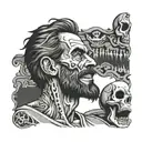 half bearded man stoic thinking and other half skull crazy laughing with skeleton hand on face distortion blend  tattoo design idea