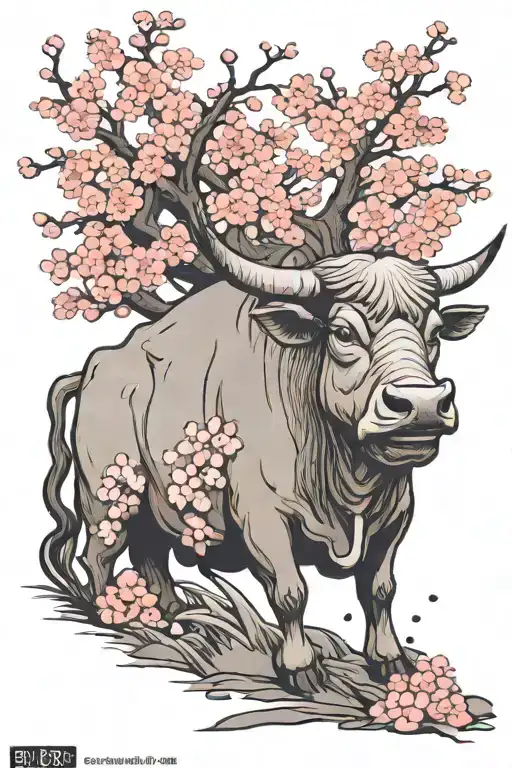 Chinese ox under a Sakura tree   tattoo design idea