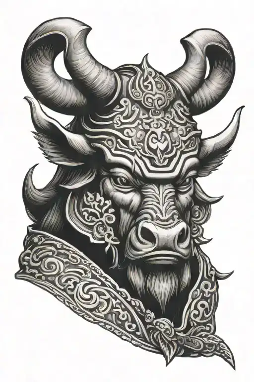 Chinese ox wearing japanese samurai helmet adorned tattoo design idea