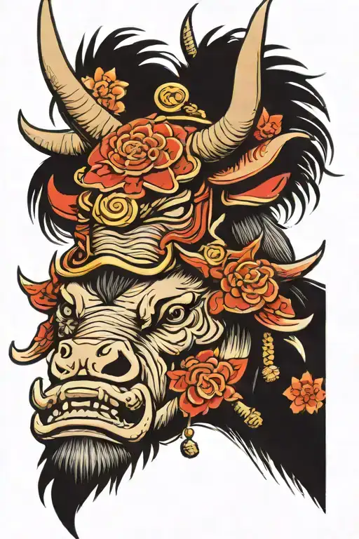 Chinese ox wearing Japanese samurai helmet adorned tattoo design idea