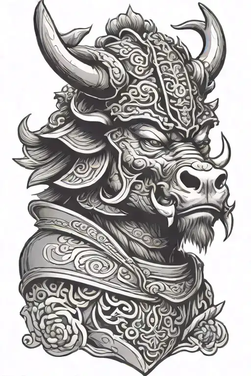 Chinese ox wearing angry japanese samurai helmet adorned tattoo design idea