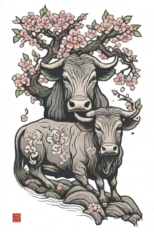 Chinese ox under a Sakura tree   tattoo design idea
