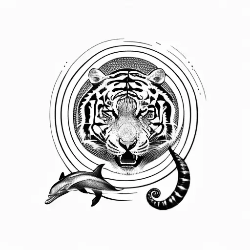 a dolphin and a tiger with ying and yang  tattoo design idea