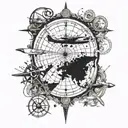 A vintage map with a compass rose and airplane silhouette, symbolizing travel and adventure tattoo design idea