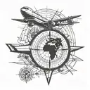A vintage map with a compass rose and airplane silhouette, symbolizing travel and adventure tattoo design idea