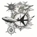 A vintage map with a compass rose and airplane silhouette, symbolizing travel and adventure tattoo design idea