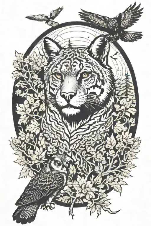 cougar, owl, eagle, yellow jacket, hornet, with 7 oak trees in background  tattoo design idea