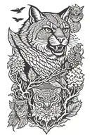cougar, owl, eagle, yellow jacket, hornet, with 7 oak trees in background  tattoo design idea