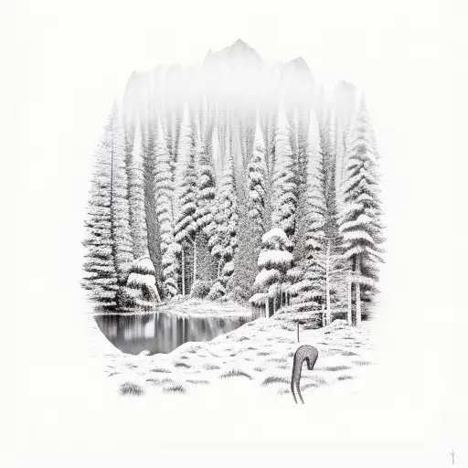 A fantasy forest scene with hidden cryptids lurking among the trees tattoo design idea