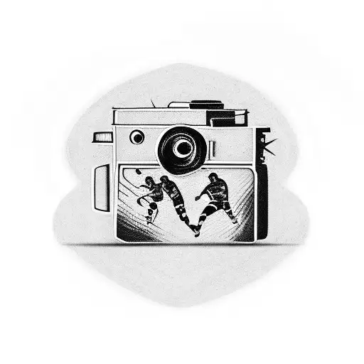 A camera with a film strip depicting famous soccer moments tattoo design idea