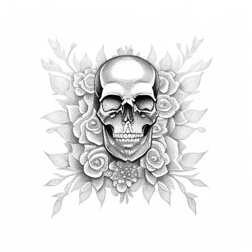 half skull half female face with flowers tattoo design idea