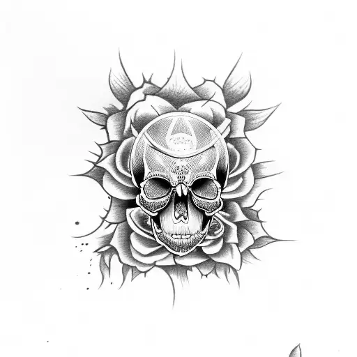 half skull half female face with flowers tattoo design idea