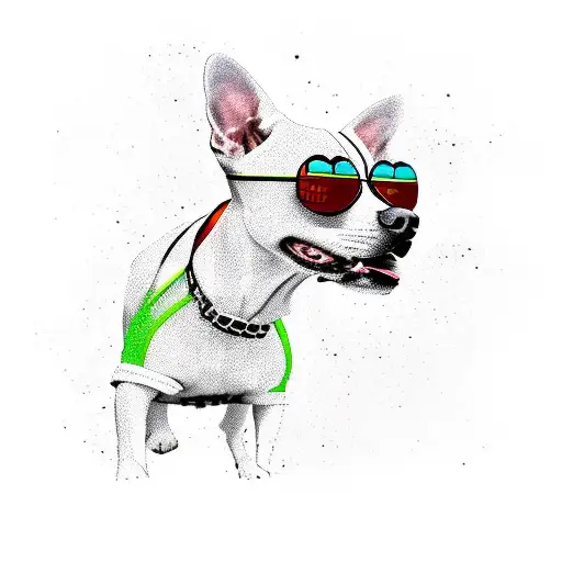 A dog wearing a pair of sneakers with engine parts scattered around tattoo design idea