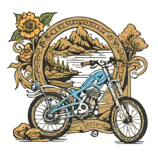 fineline racing bike with mountains, text: schatteboutje tattoo design idea