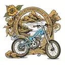 fineline racing bike with mountains, text: schatteboutje tattoo design idea