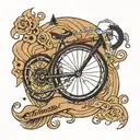 fineline racing bike with mountains, text: schatteboutje tattoo design idea