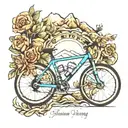 fineline racing bike with mountains, text: schatteboutje tattoo design idea