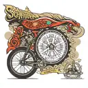 fineline racing bike with mountains, text: schatteboutje tattoo design idea