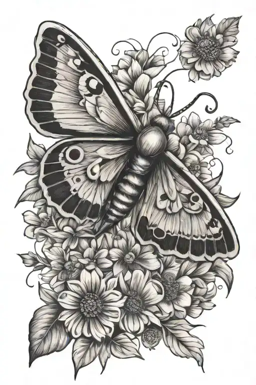 moth flowers hippie tattoo design idea