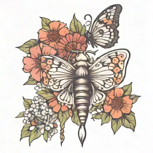 moth flowers hippie tattoo design idea