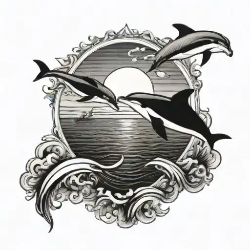 A blackwork tattoo of a heart-shaped sunset over the ocean, with dolphins leaping in the foreground tattoo design idea