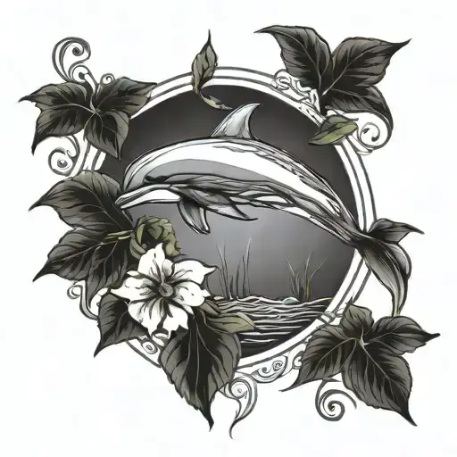A blackwork tattoo of a dolphin swimming through a field of hibiscus flowers under a golden sunset sky tattoo design idea