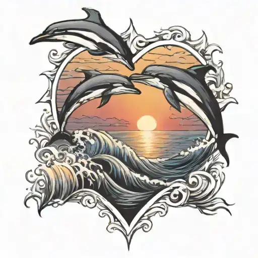 A blackwork tattoo of a heart-shaped sunset over the ocean, with dolphins leaping in the foreground tattoo design idea