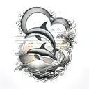 A blackwork tattoo of a heart-shaped sunset over the ocean, with dolphins leaping in the foreground tattoo design idea
